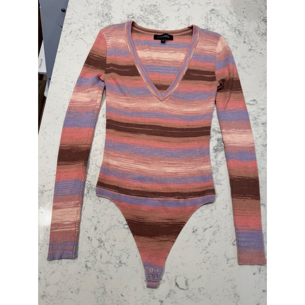 Intermix Y2K Striped Ribbed Knit Bodysuit V-Neck Long Sleeve Pink Purple Brown P
